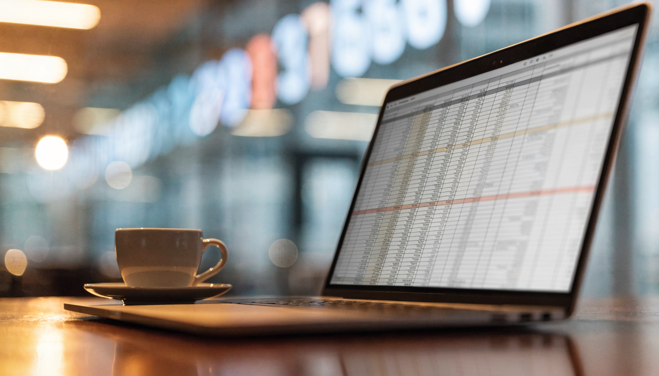 Laptop showing an accounting ledger and spreadsheet on a desk in a Dubai office