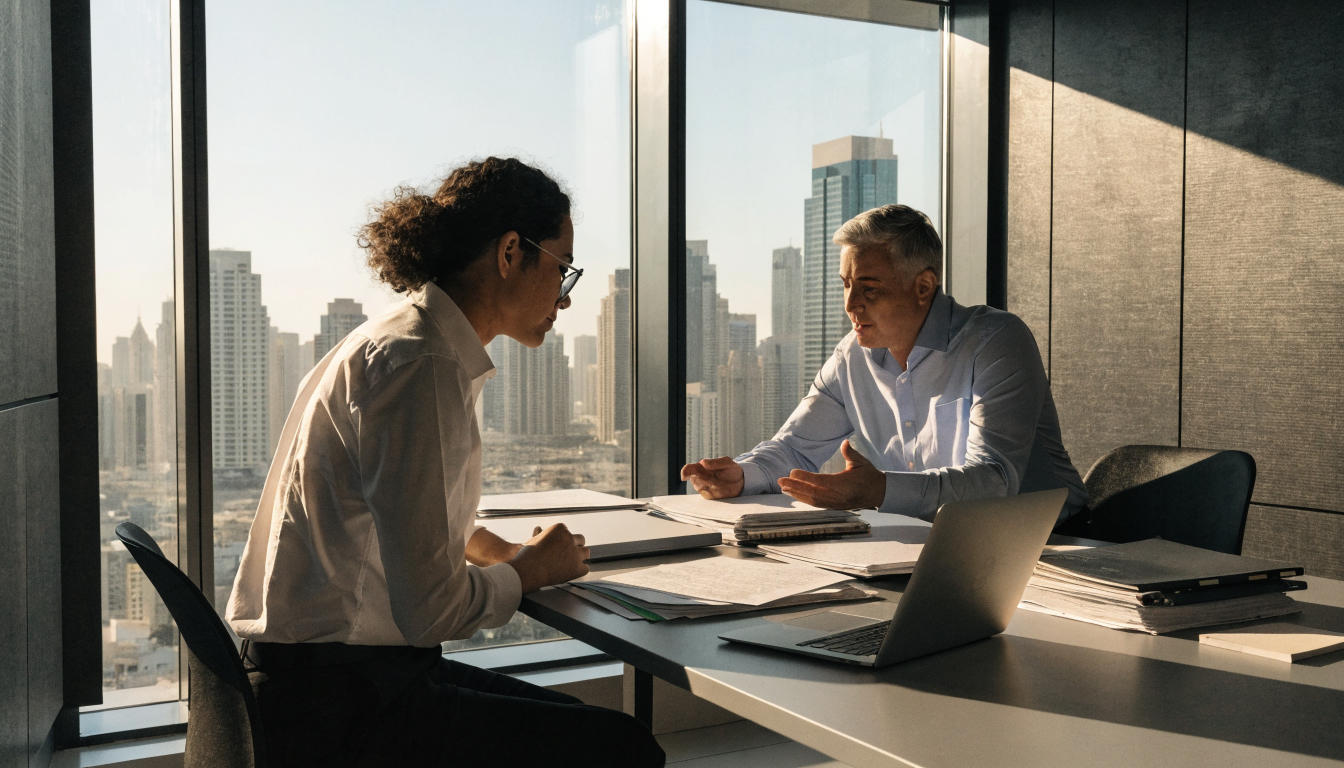 Two auditors reviewing company financial records in a Dubai meeting room