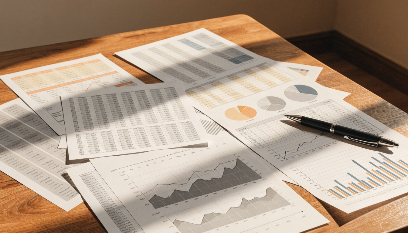 Printed financial reports and charts on a desk representing bookkeeping records