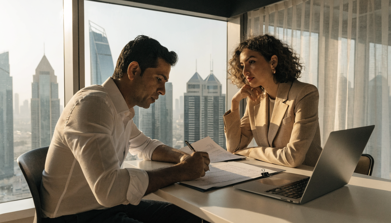 Business owner reviewing corporate bank account documents with a UAE bank advisor