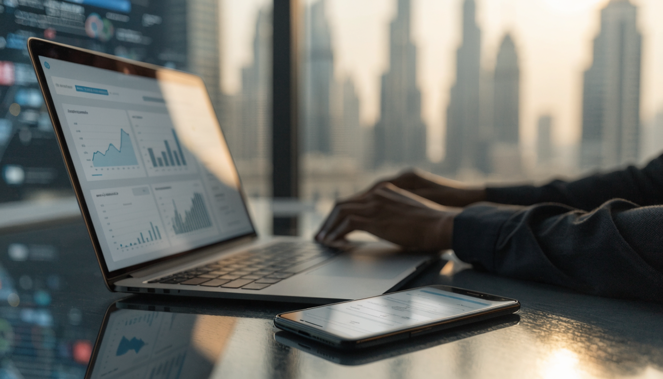 Corporate online banking dashboard on a laptop and tablet in a Dubai office