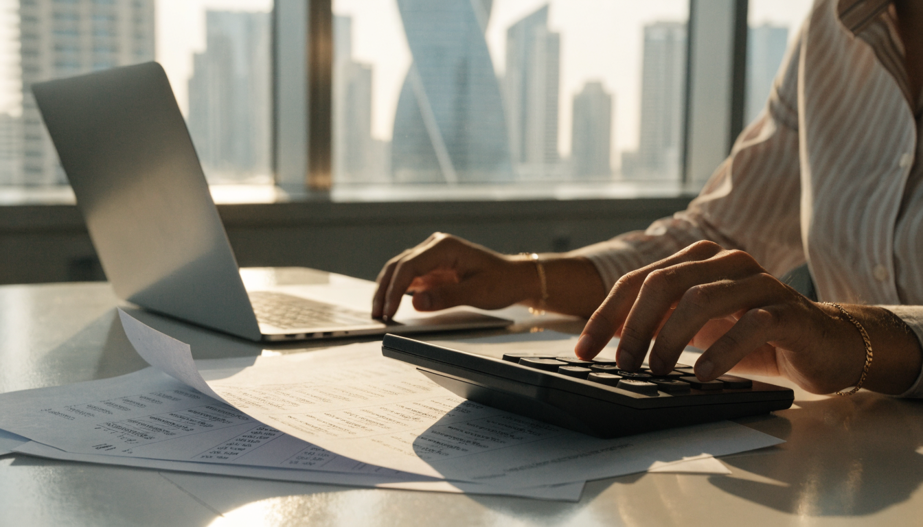Hands using a calculator beside financial statements representing UAE corporate tax calculation