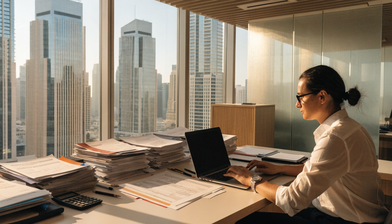 Professional filing UAE corporate tax returns on a laptop in a Dubai office