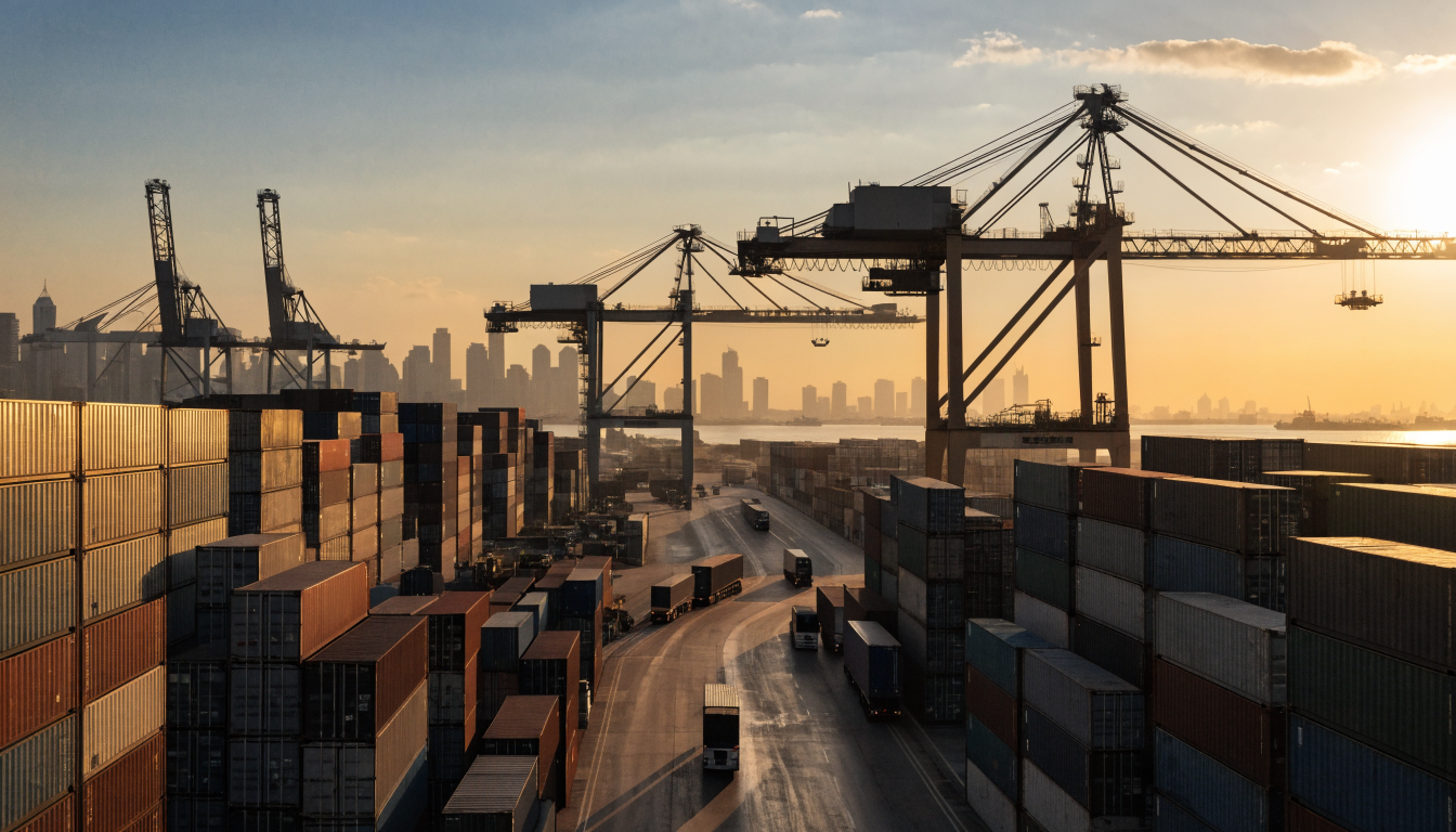 Dubai container port and logistics terminal representing general trading import and export