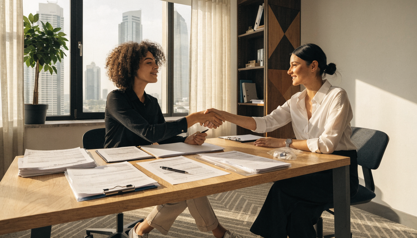 New employee completing UAE work permit and Emirates ID with an HR manager