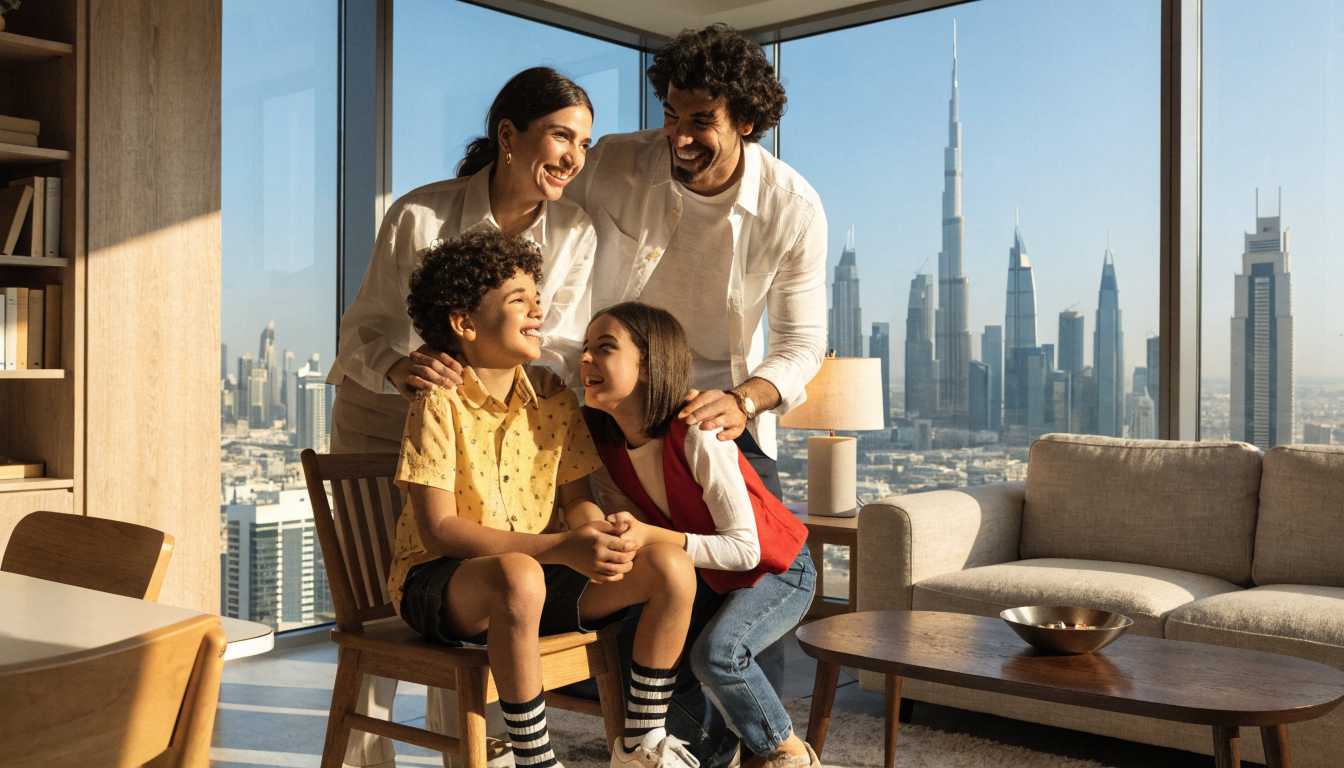 Family reunited at a modern Dubai home under a UAE family sponsorship visa
