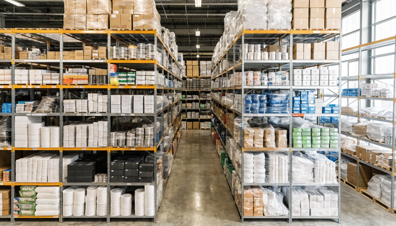 Warehouse shelves holding multiple product lines under a UAE general trading licence