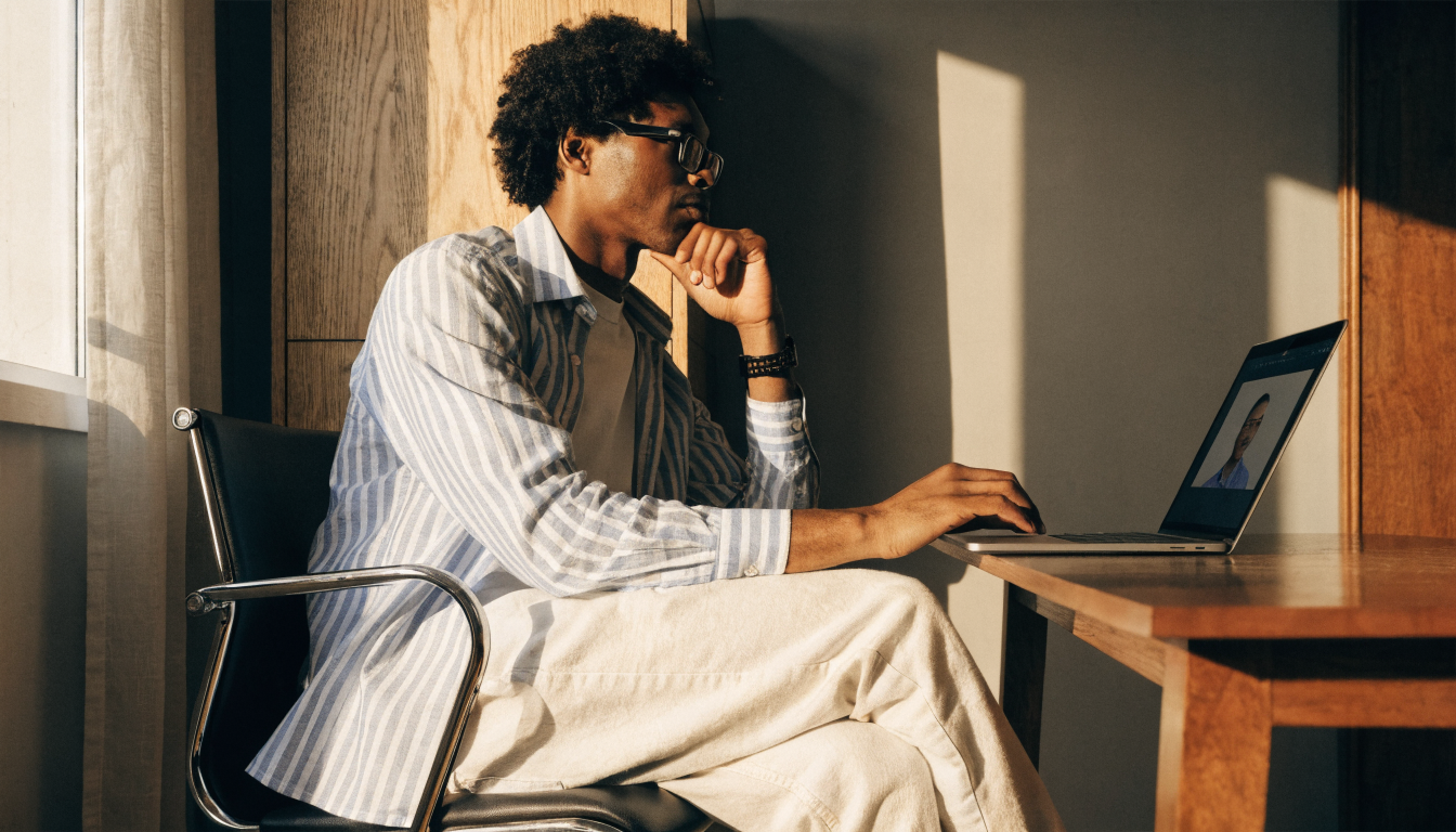 Overseas founder on a video call with a UAE bank advisor from a home office