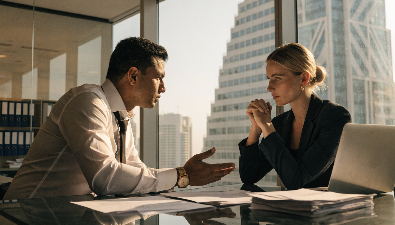 Business consultant and client discussing UAE trade licence activities in a Dubai office