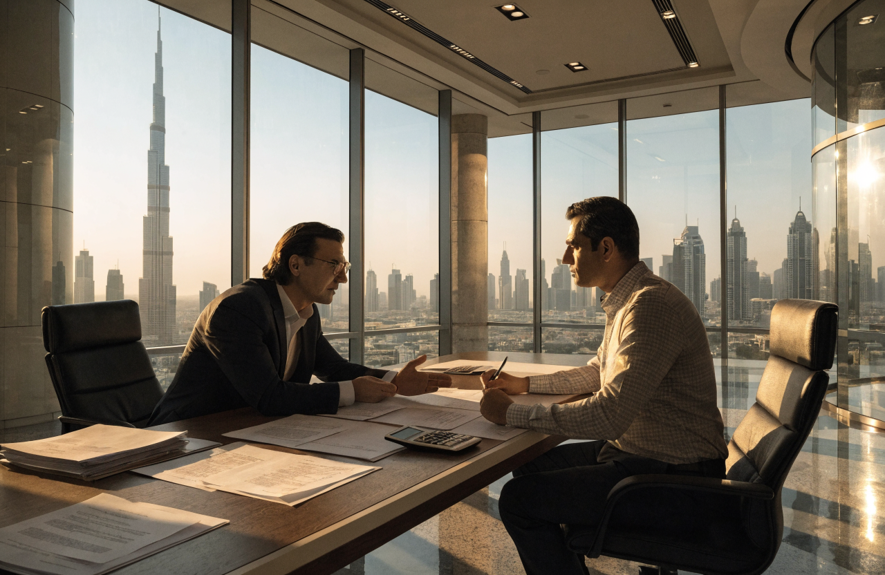 UAE corporate tax — tax advisor reviewing filings with a business owner in Dubai