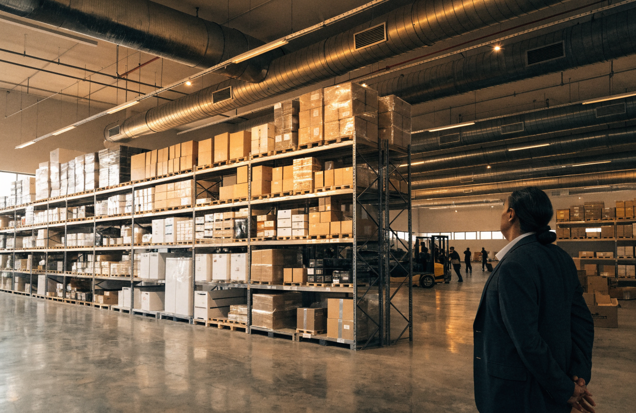 UAE general trading licence — modern Dubai warehouse stocked with diverse products