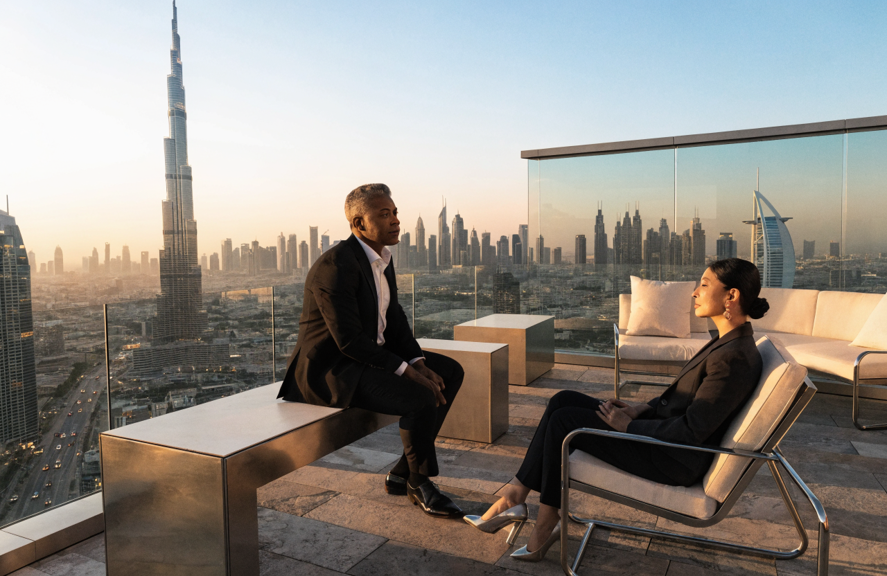 UAE Golden Visa — accomplished professional couple on a Dubai penthouse terrace