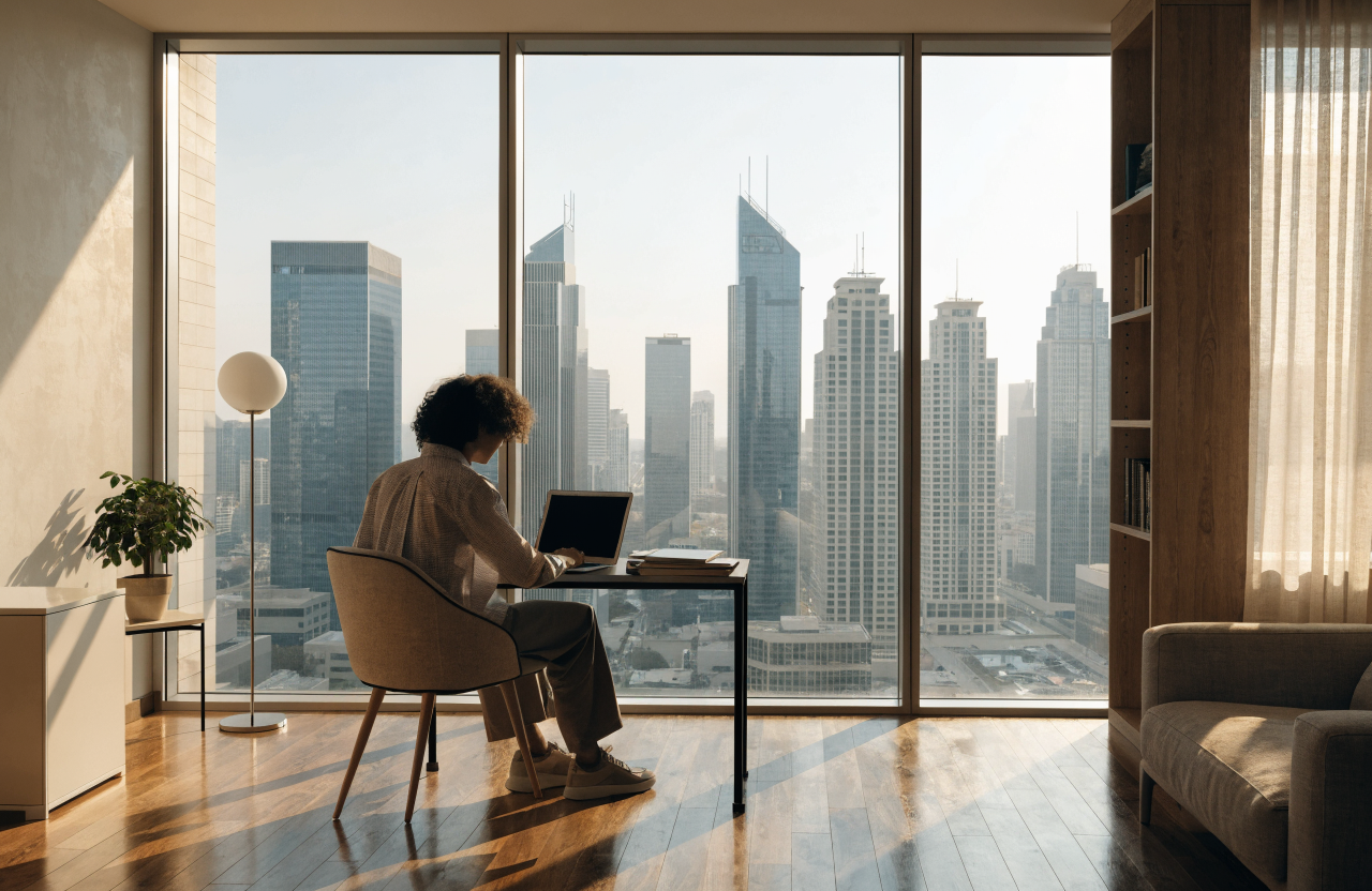 UAE non-resident account — overseas founder banking remotely with a Dubai skyline view