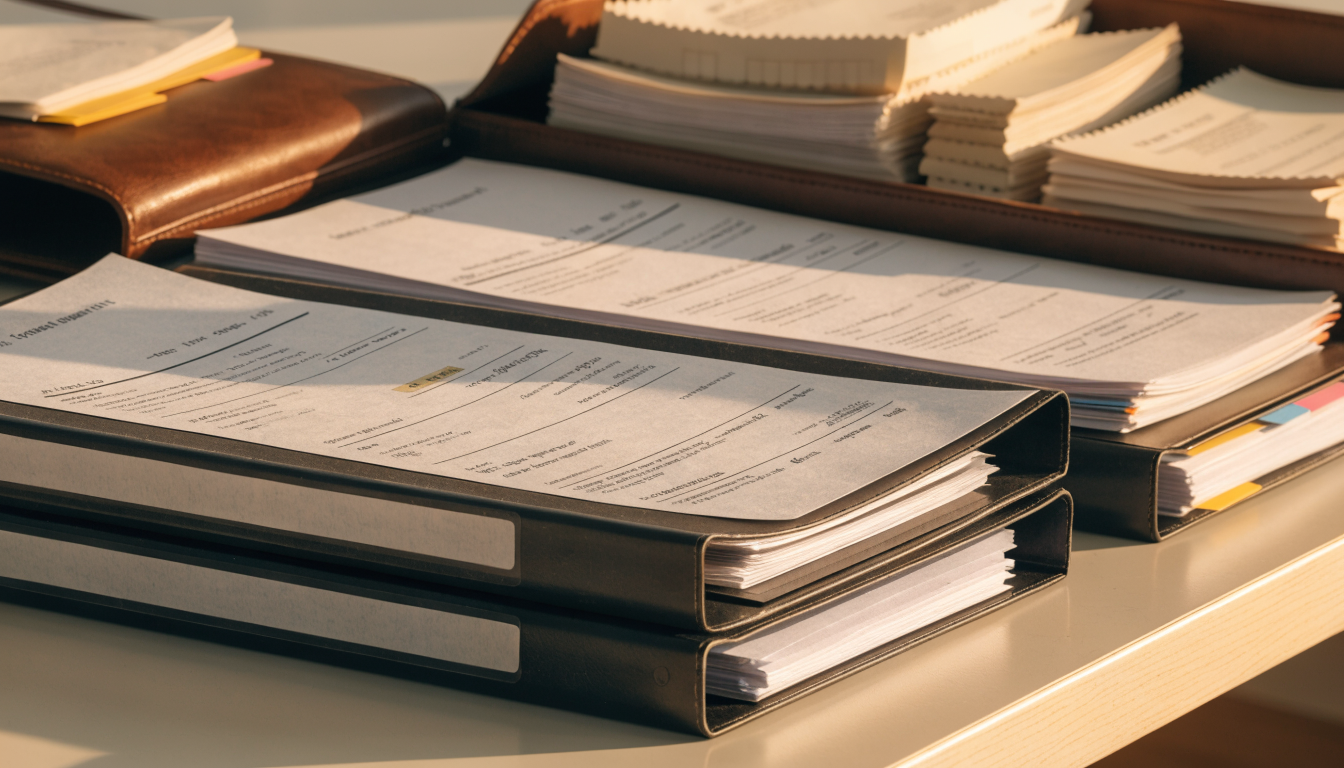 Neatly organised business invoices and receipts representing UAE VAT record keeping