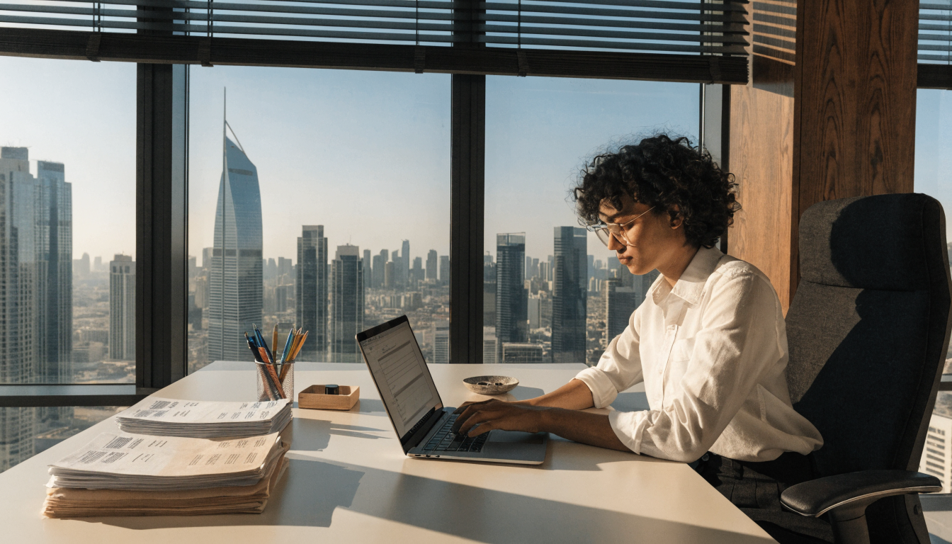 Person submitting a UAE VAT return on a laptop with invoices on the desk